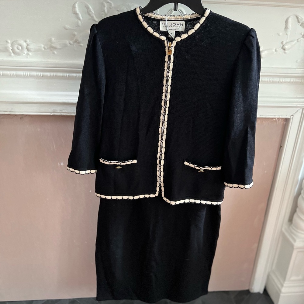 St. John Black Knit with Cream Trim Cardigan Set